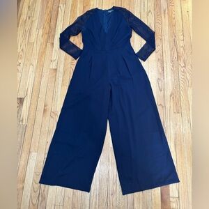 Gracia navy blue fish net sleeve wide leg jumpsuit L
